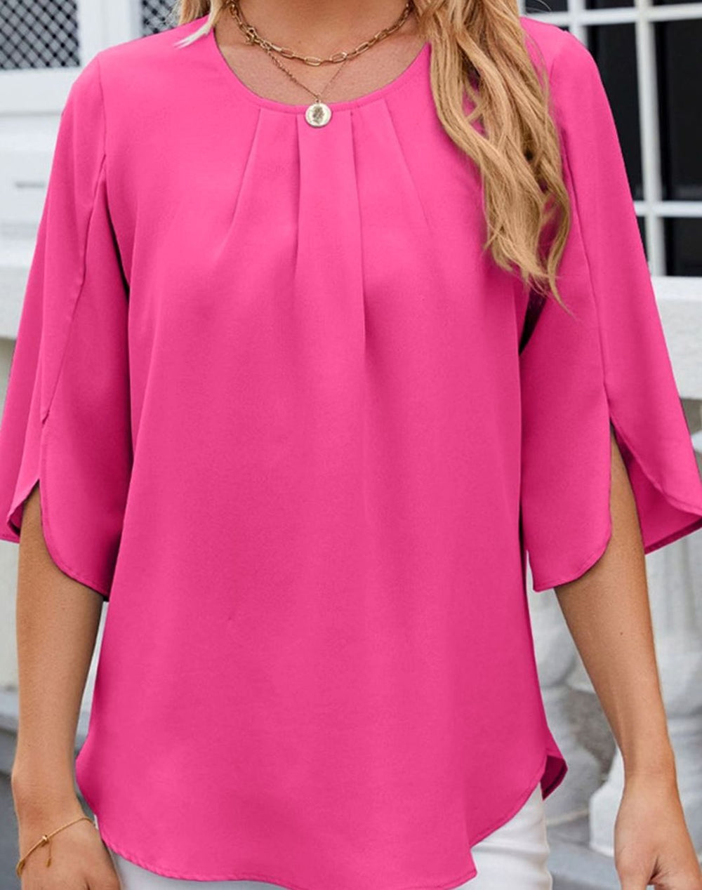 Women's Pleated Round-Neck Half-Sleeve Relaxed Blouse