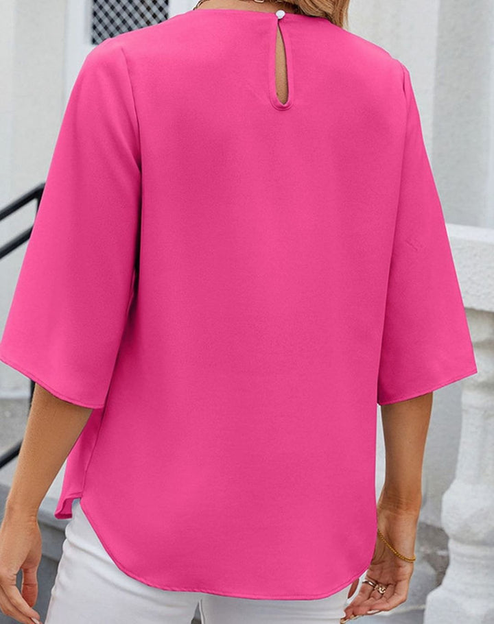 Women's Pleated Round-Neck Half-Sleeve Relaxed Blouse