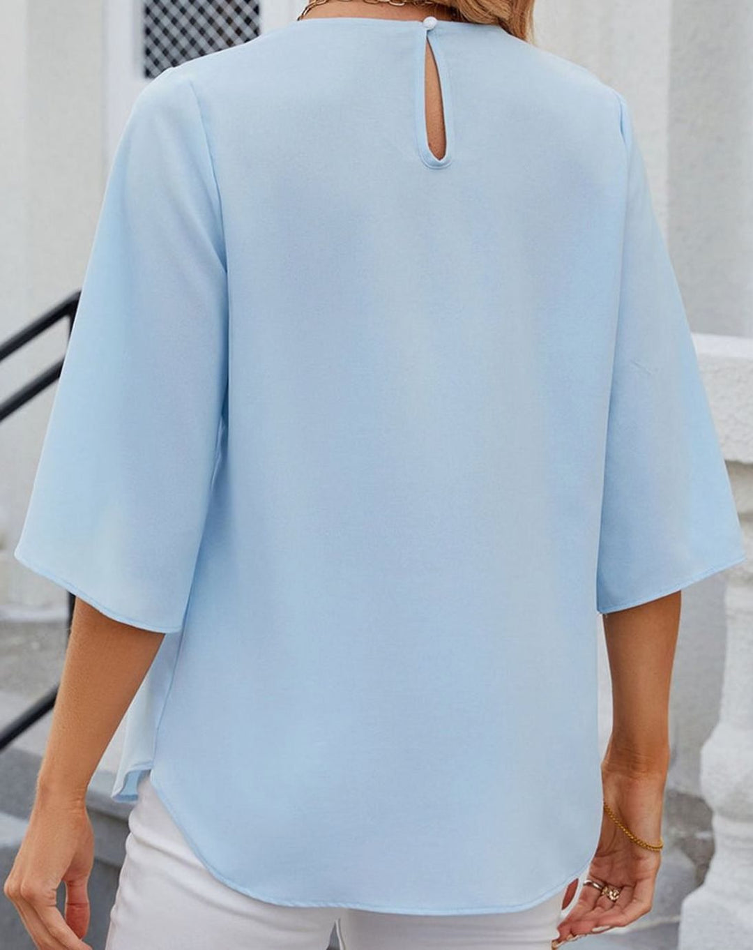 Women's Pleated Round-Neck Half-Sleeve Relaxed Blouse