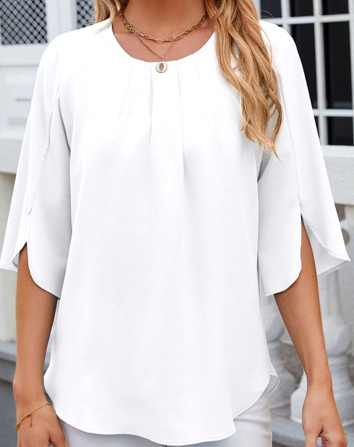 Women's Pleated Round-Neck Half-Sleeve Relaxed Blouse