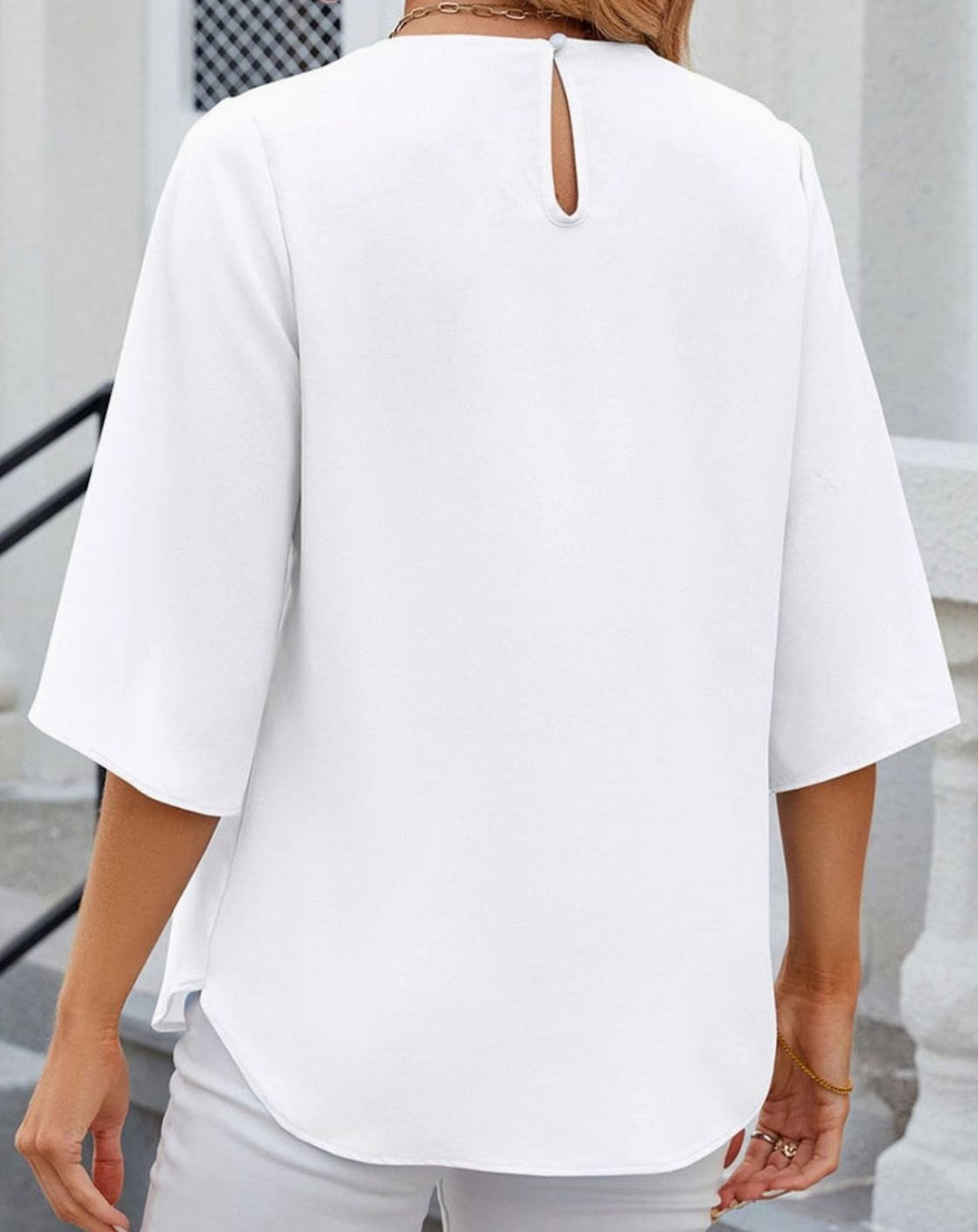 Women's Pleated Round-Neck Half-Sleeve Relaxed Blouse