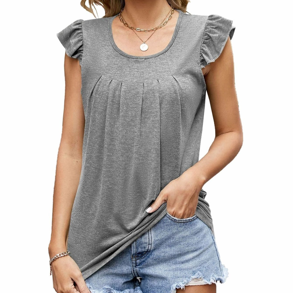Women's Pleated Ruffle-Sleeve Loose-Fit Blouse Top - Grey