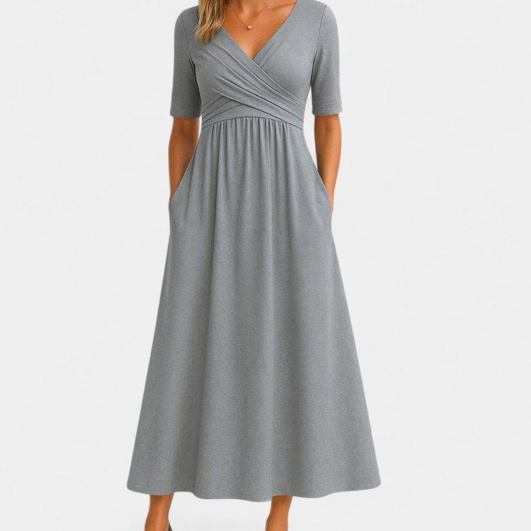 Women's Pleated Surplice V-Neck Flared Midi Dress Pockets - Grey