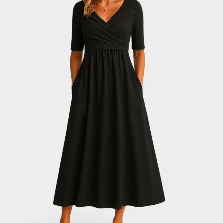 Women's Pleated Surplice V-Neck Flared Midi Dress Pockets - Black