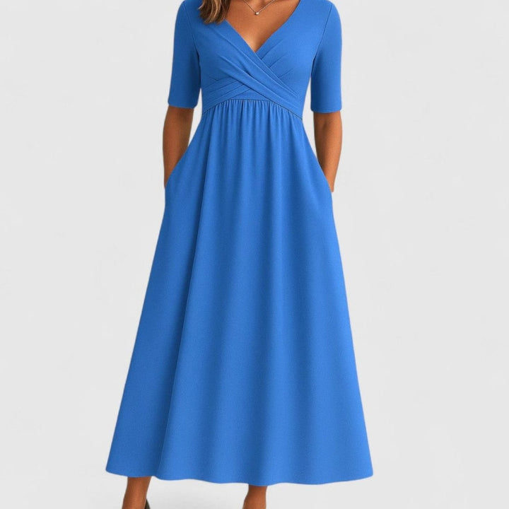 Women's Pleated Surplice V-Neck Flared Midi Dress Pockets - Light Blue
