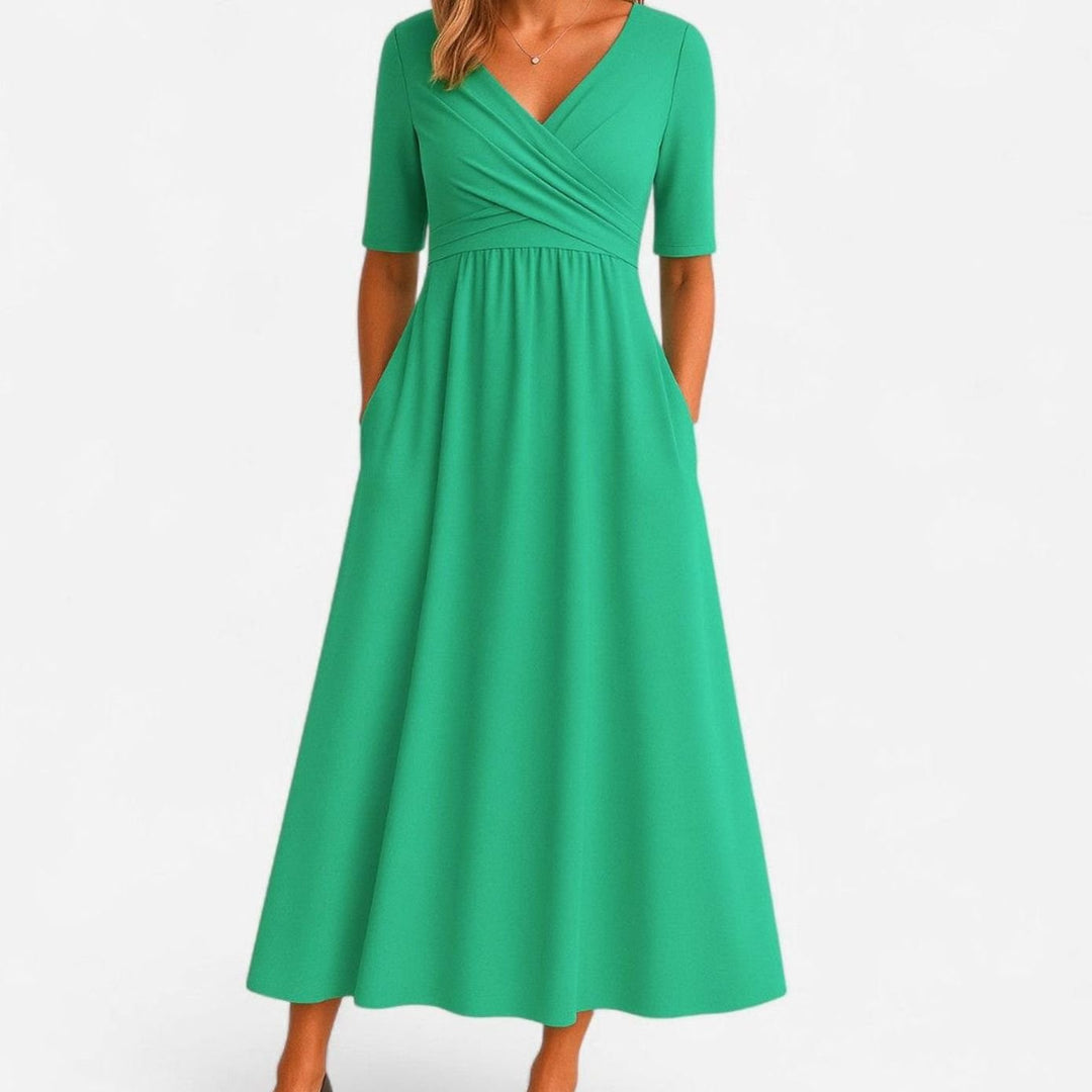 Women's Pleated Surplice V-Neck Flared Midi Dress Pockets - Green