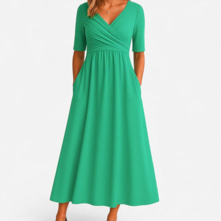 Women's Pleated Surplice V-Neck Flared Midi Dress Pockets - Green