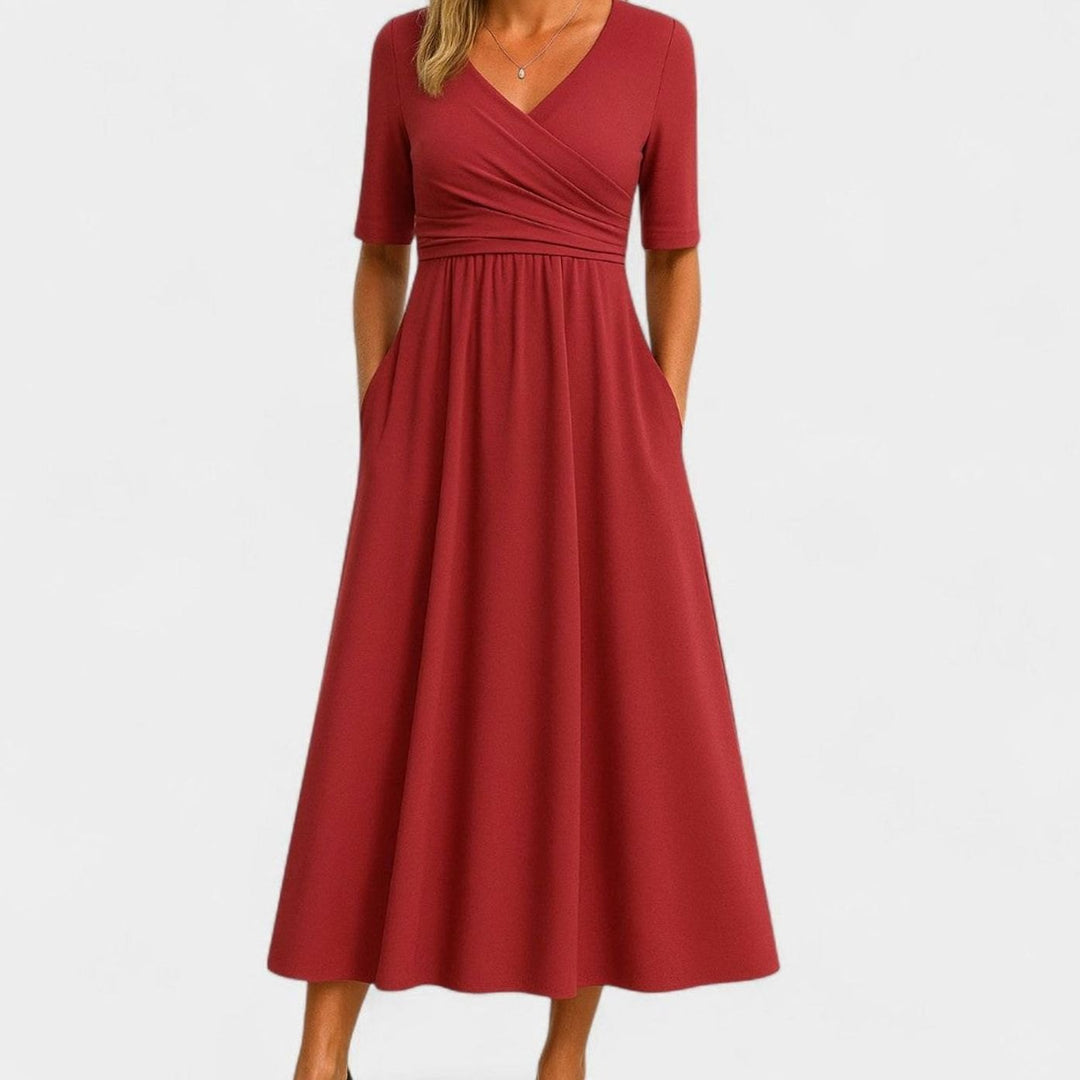 Women's Pleated Surplice V-Neck Flared Midi Dress Pockets - Red