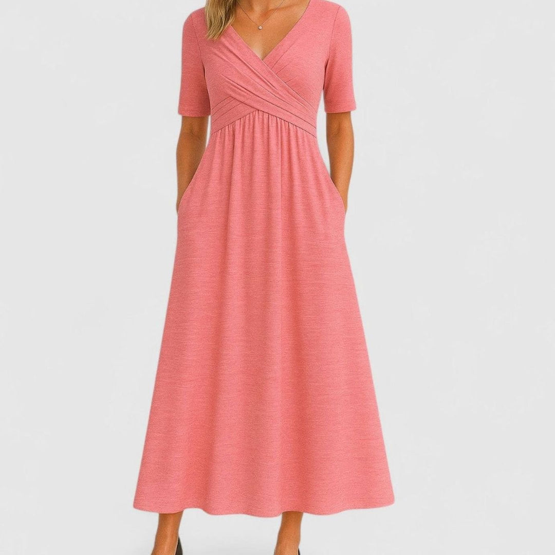 Women's Pleated Surplice V-Neck Flared Midi Dress Pockets - Pink