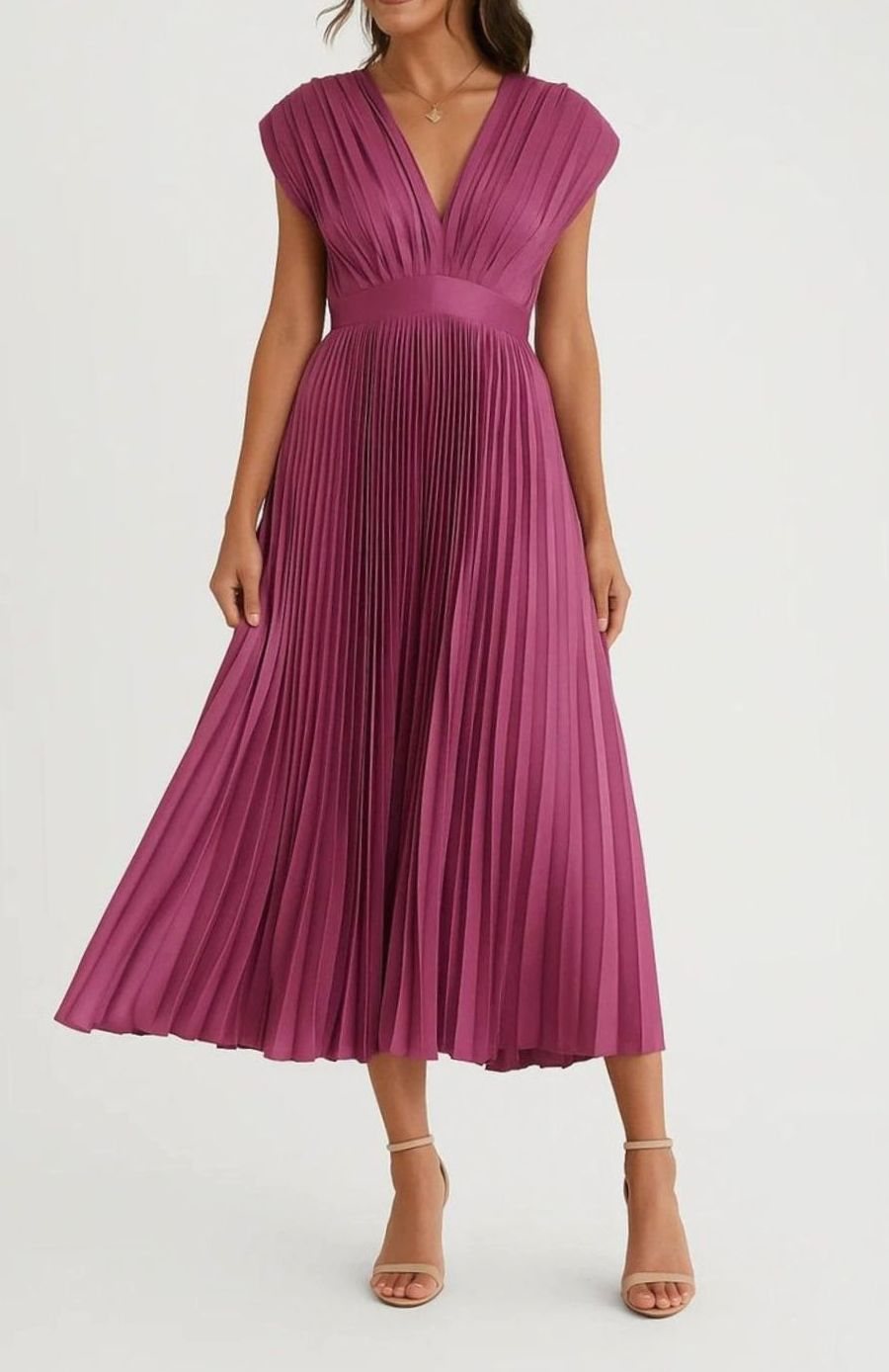 Women's Pleated V-Neck Cap Sleeve Midi Party Dress