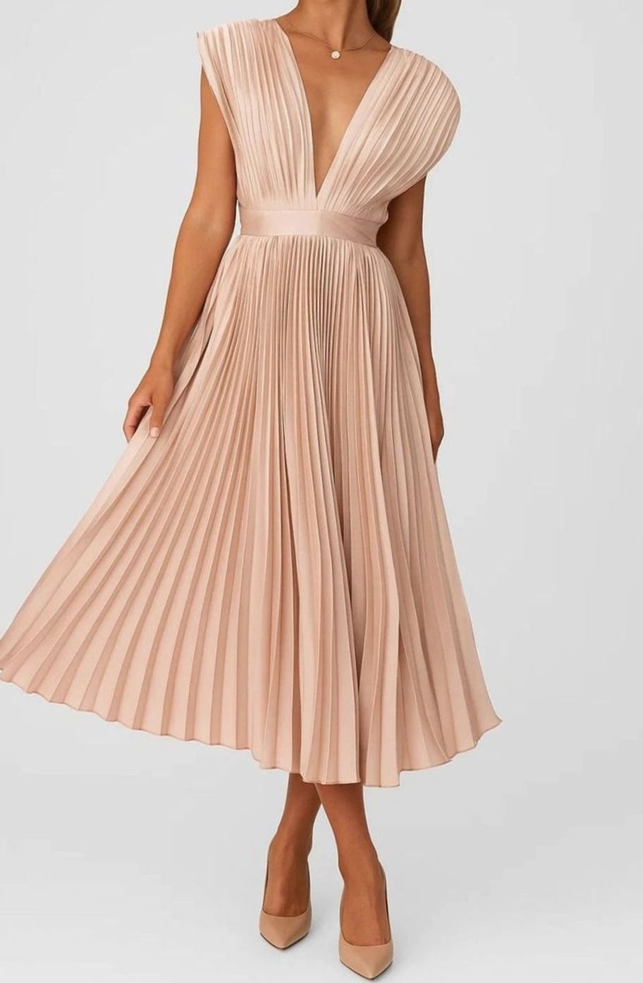 Women's Pleated V-Neck Cap Sleeve Midi Party Dress, Berry Pink