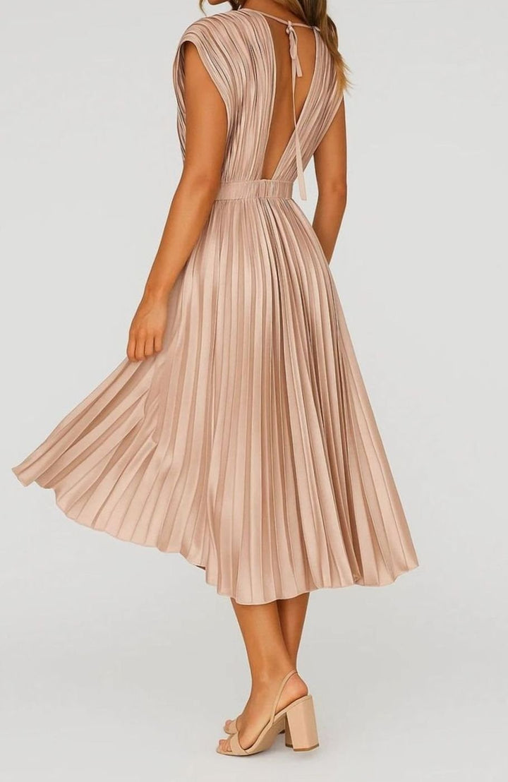 Women's Pleated V-Neck Cap Sleeve Midi Party Dress, Berry Pink