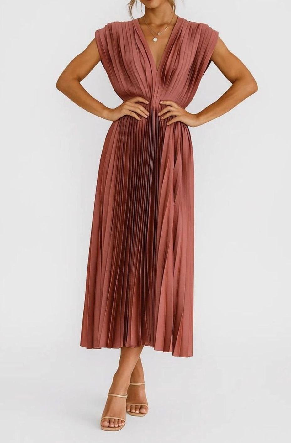 Women's Pleated V-Neck Cap Sleeve Midi Party Dress, Berry Pink