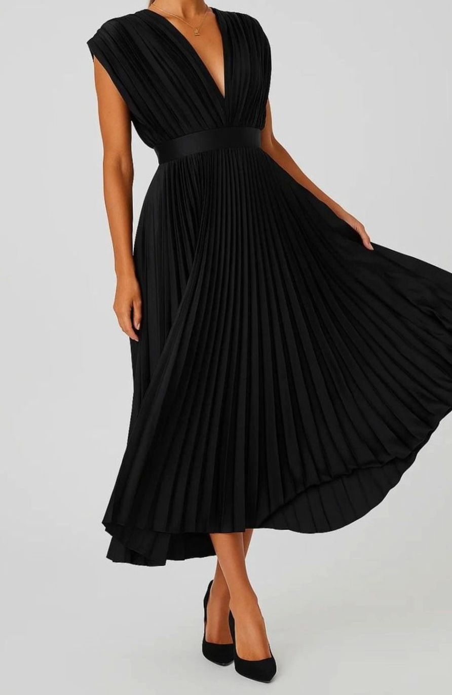 Women's Pleated V-Neck Cap Sleeve Midi Party Dress, Berry Pink