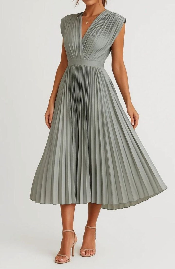 Women's Pleated V-Neck Cap Sleeve Midi Party Dress, Berry Pink