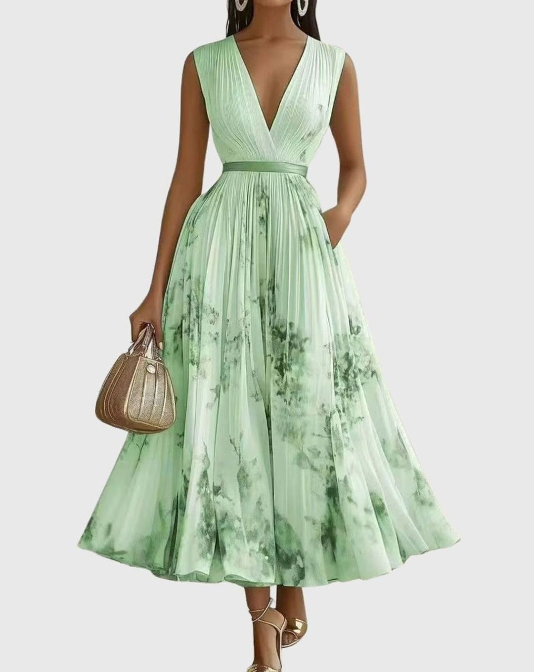 Women's Pleated V-Neck Floral Midi Dress with Pockets