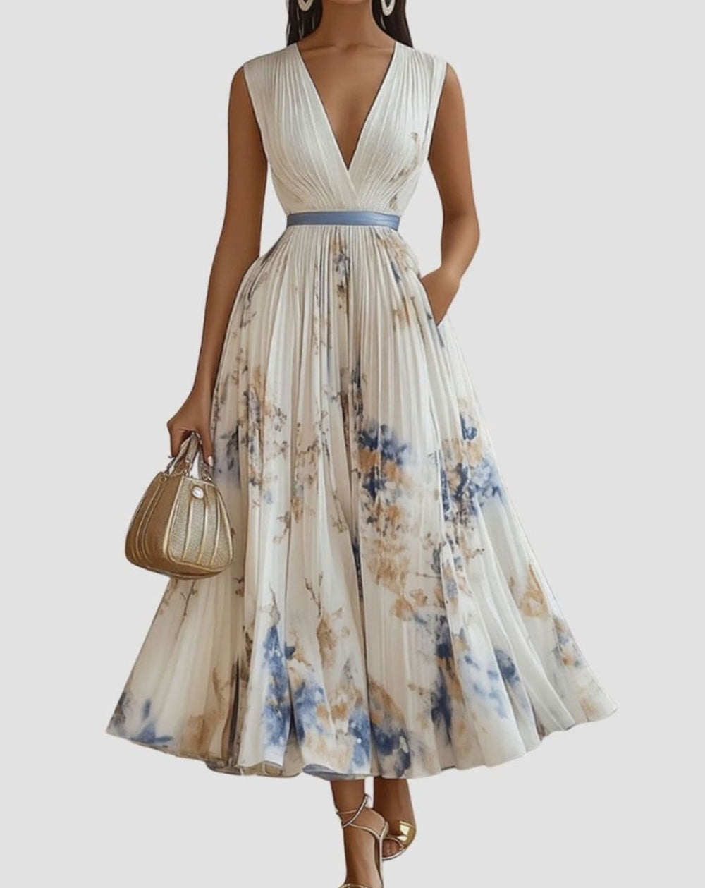 Women's Pleated V-Neck Floral Midi Dress with Pockets