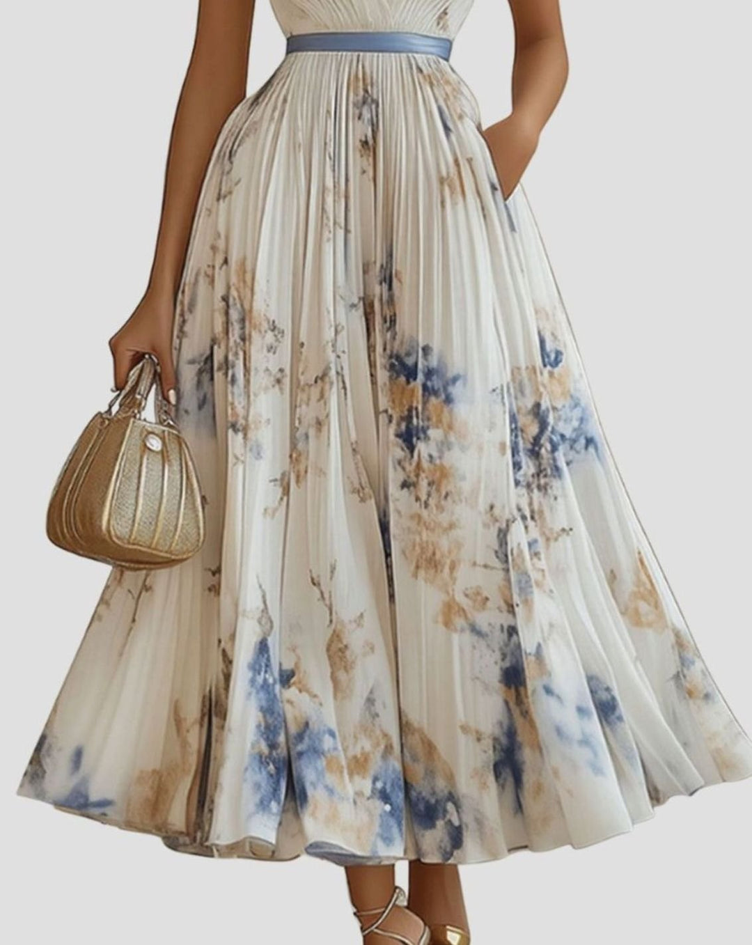 Women's Pleated V-Neck Midi Dress Floral Tie-Dye Pockets
