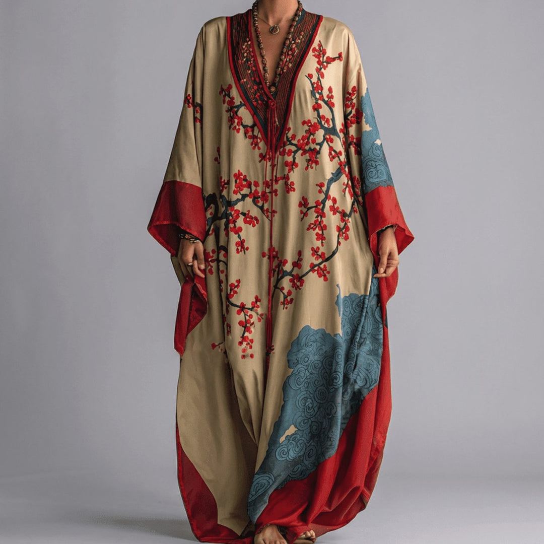 Women's Plum Blossom Print Batwing Sleeve Maxi Dress - Beige