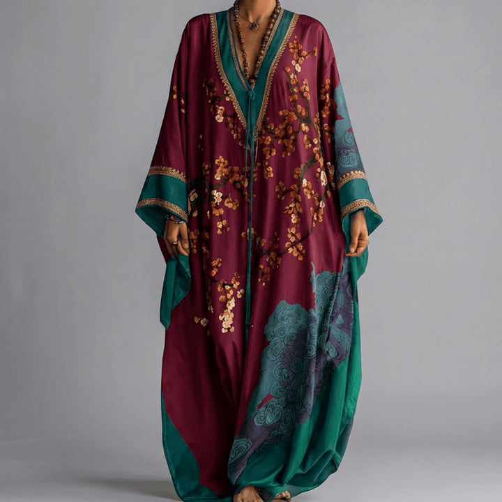 Women's Plum Blossom Print Batwing Sleeve Maxi Dress - Burgundy