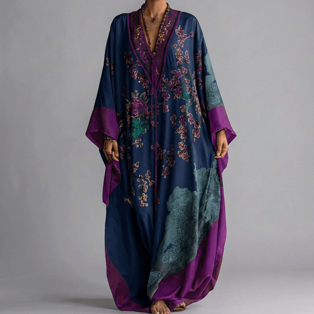 Women's Plum Blossom Print Batwing Sleeve Maxi Dress - Blue