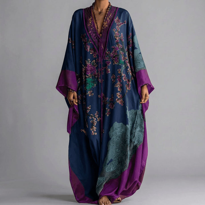 Women's Plum Blossom Print Batwing Sleeve Maxi Dress - Blue