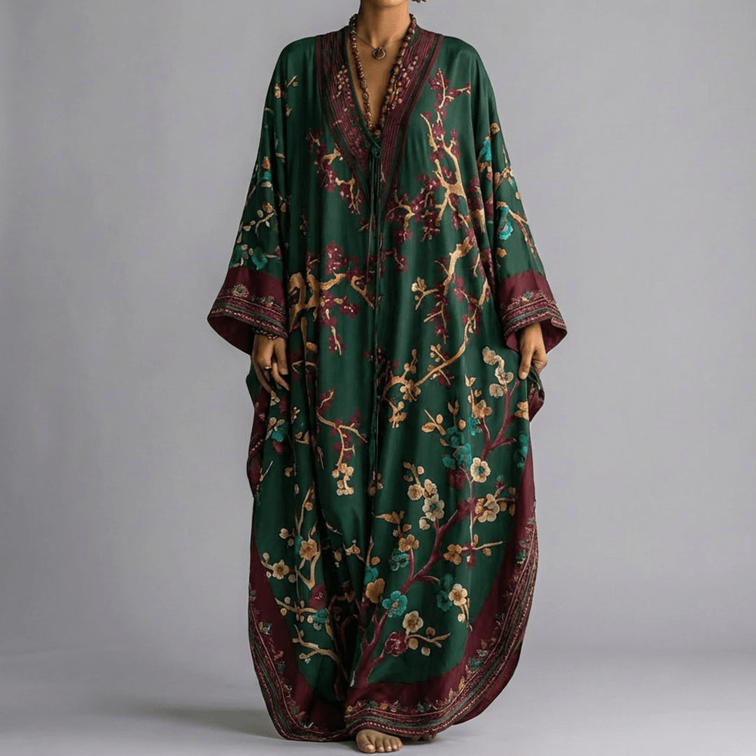 Women's Plum Blossom Print Batwing Sleeve Maxi Dress - Green