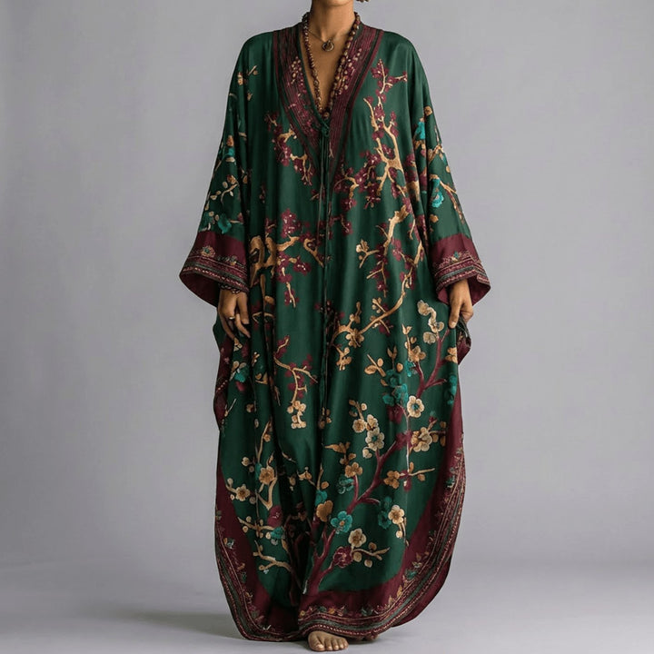 Women's Plum Blossom Print Batwing Sleeve Maxi Dress - Green