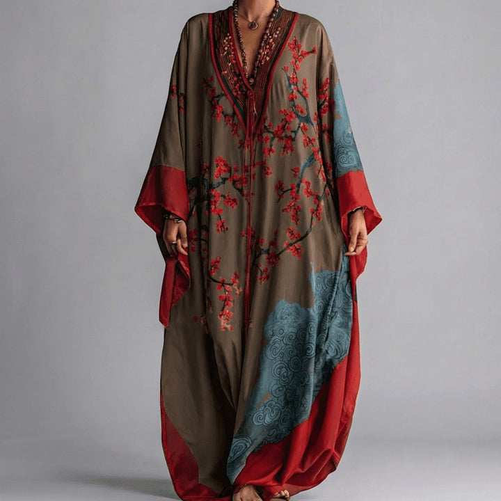 Women's Plum Blossom Print Batwing Sleeve Maxi Dress - Brown