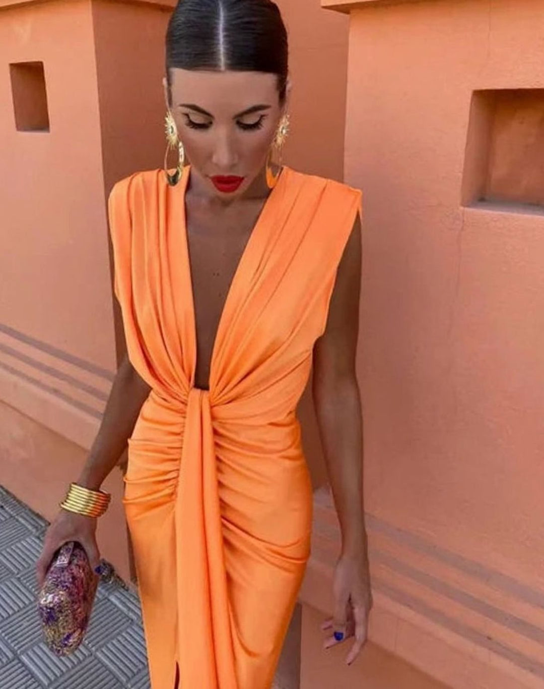 Women's Plunge Neck Draped Midi Dress Structured Shoulders Side Slit, Orange