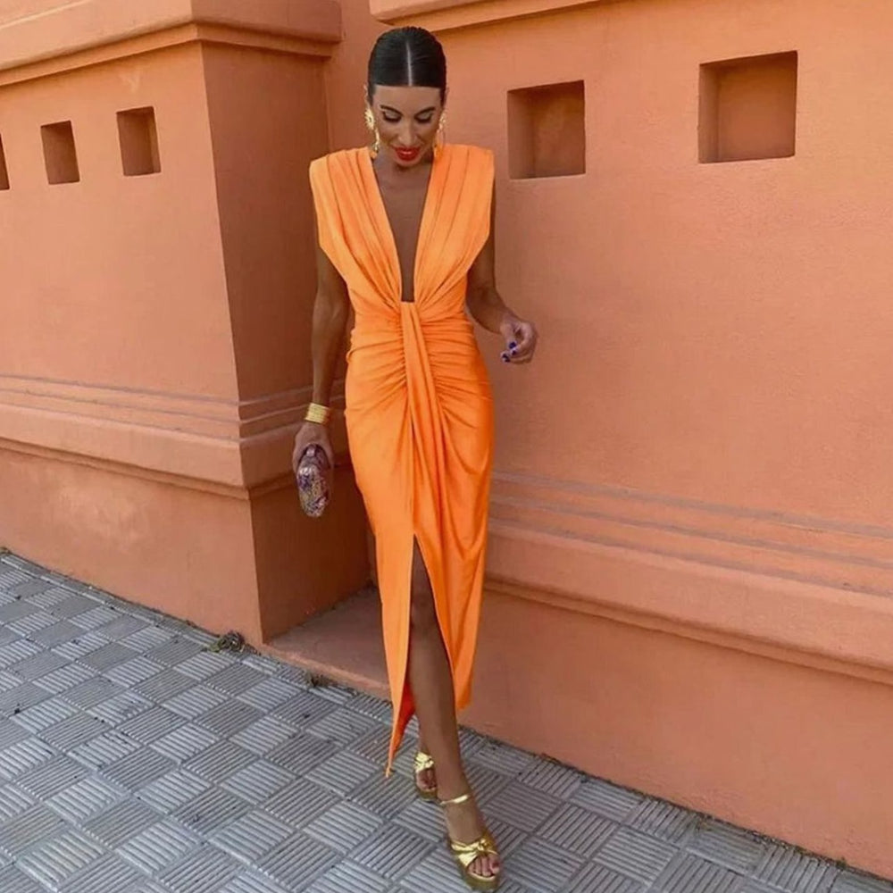 Women's Plunge Neck Draped Midi Dress Structured Shoulders Side Slit, Orange