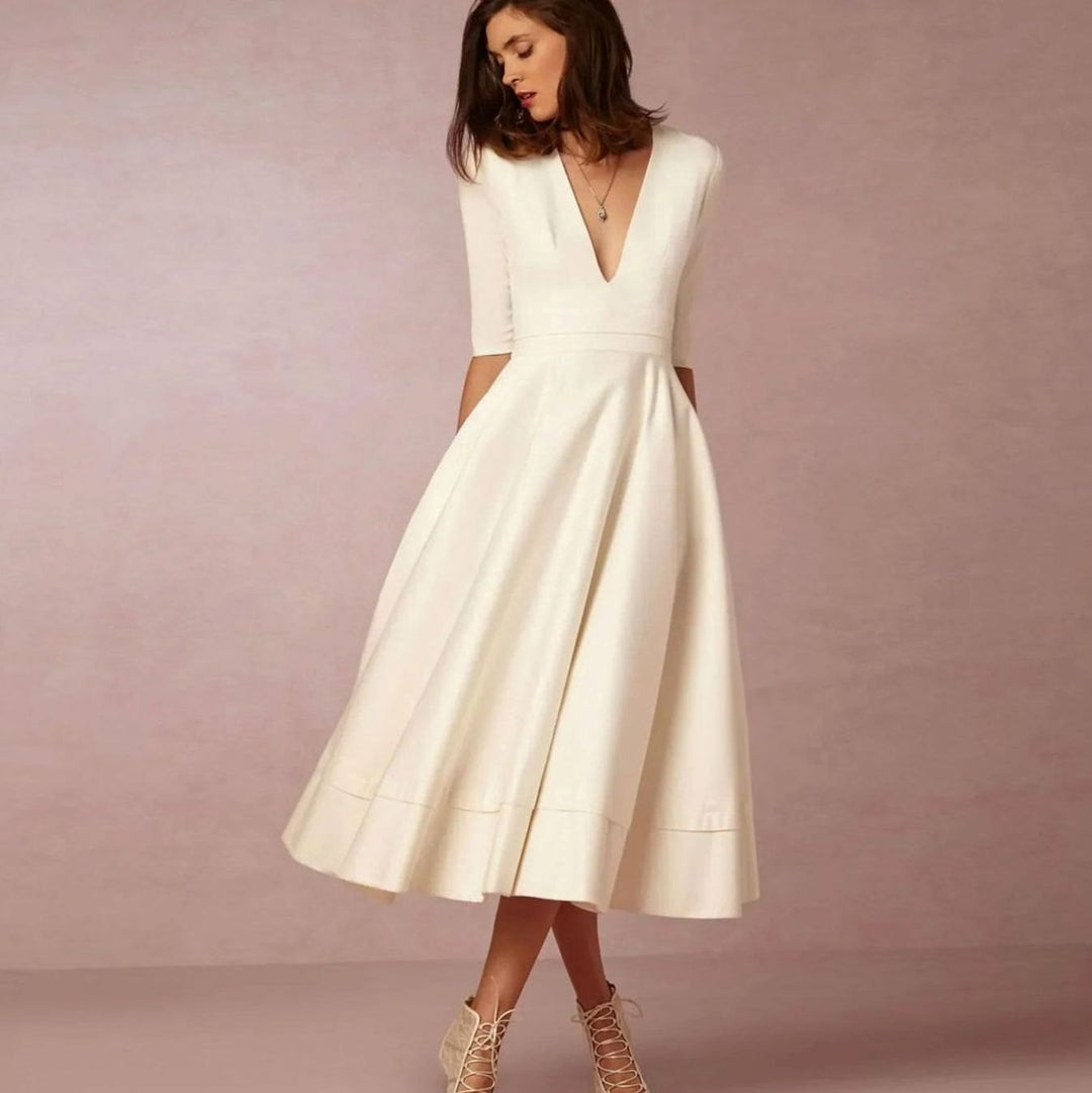 Women's Plunge Neck Flared A-Line Midi Party Dress
