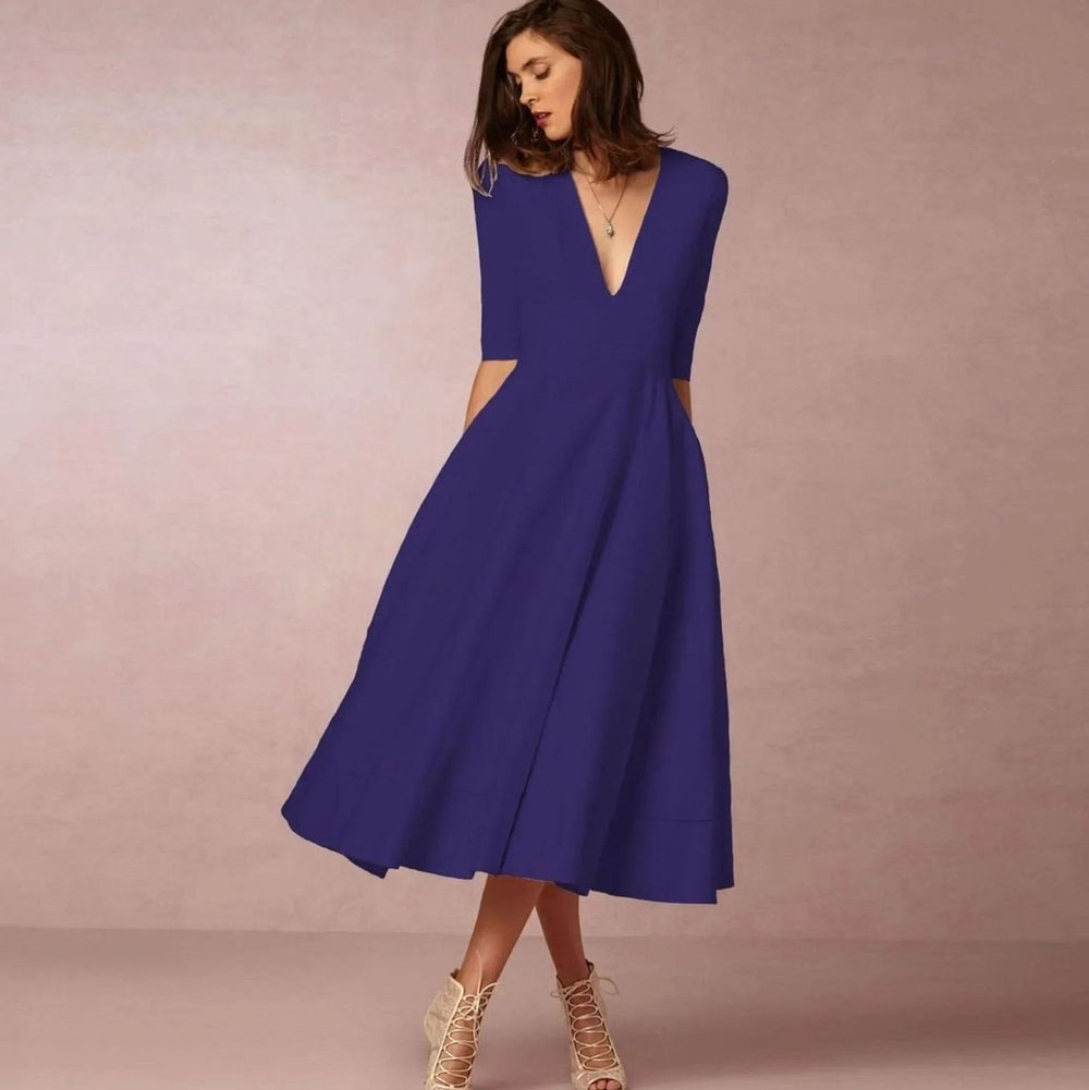 Women's Plunge Neck Flared A-Line Midi Party Dress