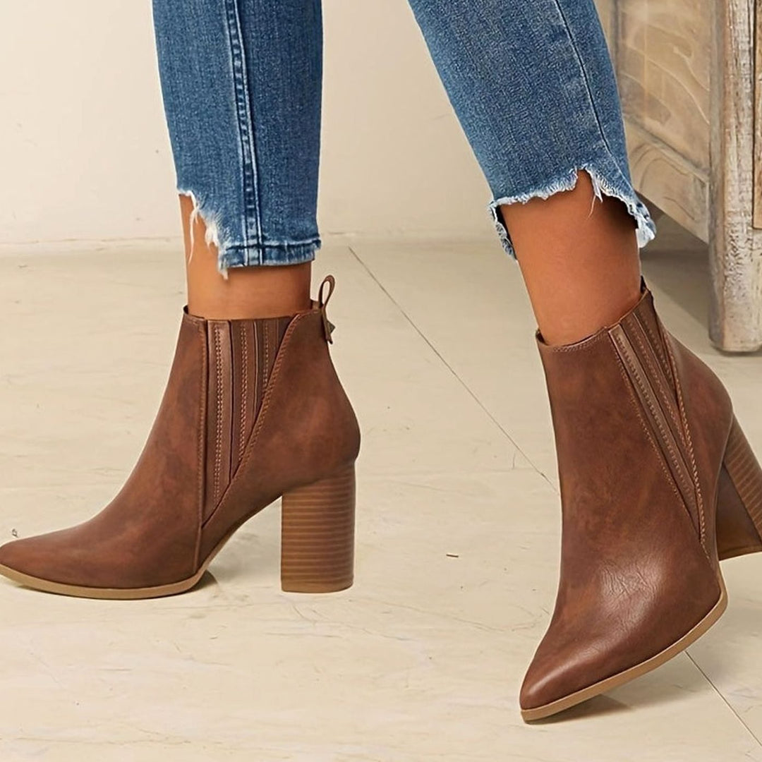 Women's Pointed-Toe Block-Heel Chelsea Ankle Boots - Brown