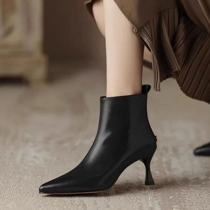 Women's Pointed-Toe Kitten Heel Faux Leather Ankle Boots - Black