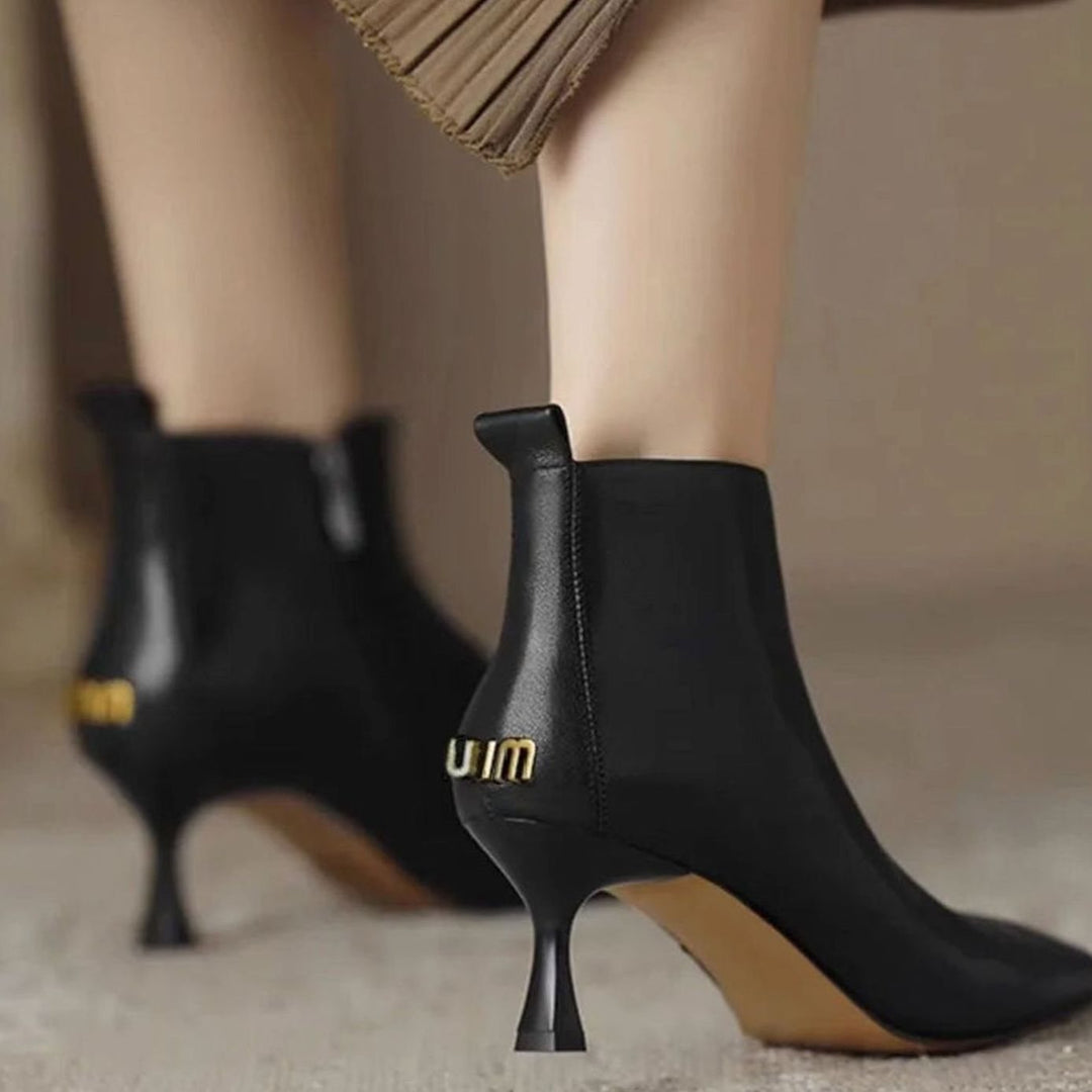 Women's Pointed-Toe Kitten Heel Faux Leather Ankle Boots