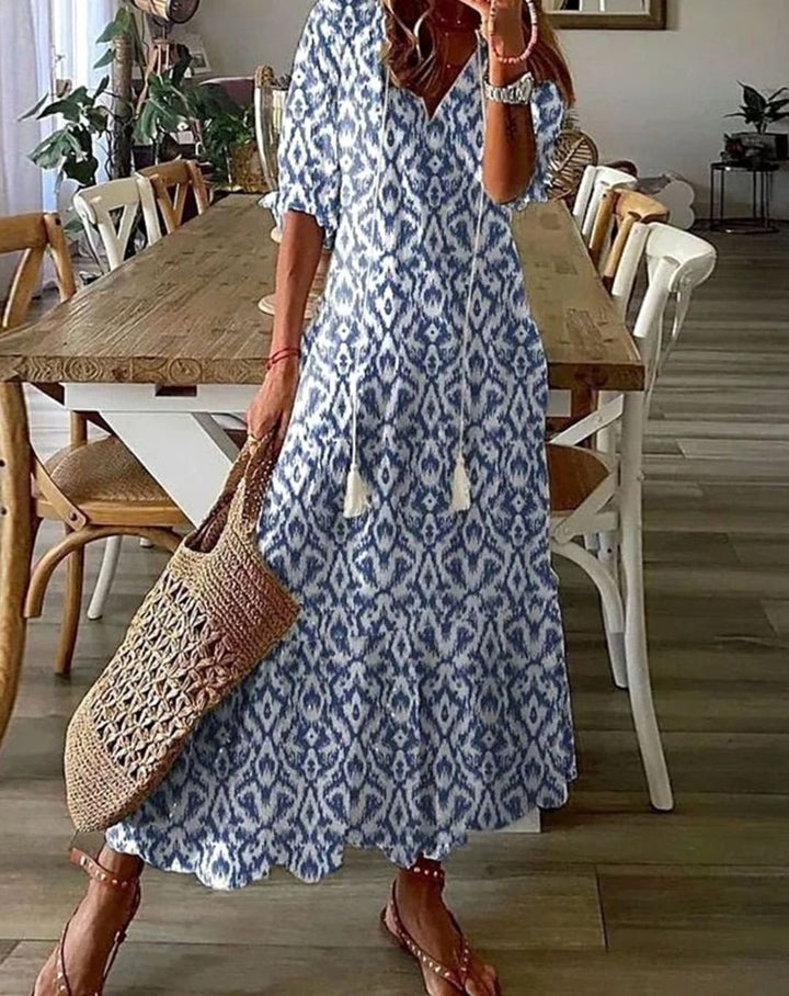 Women's Printed Boho V-Neck Tassel-Tie Relaxed Midi Dress