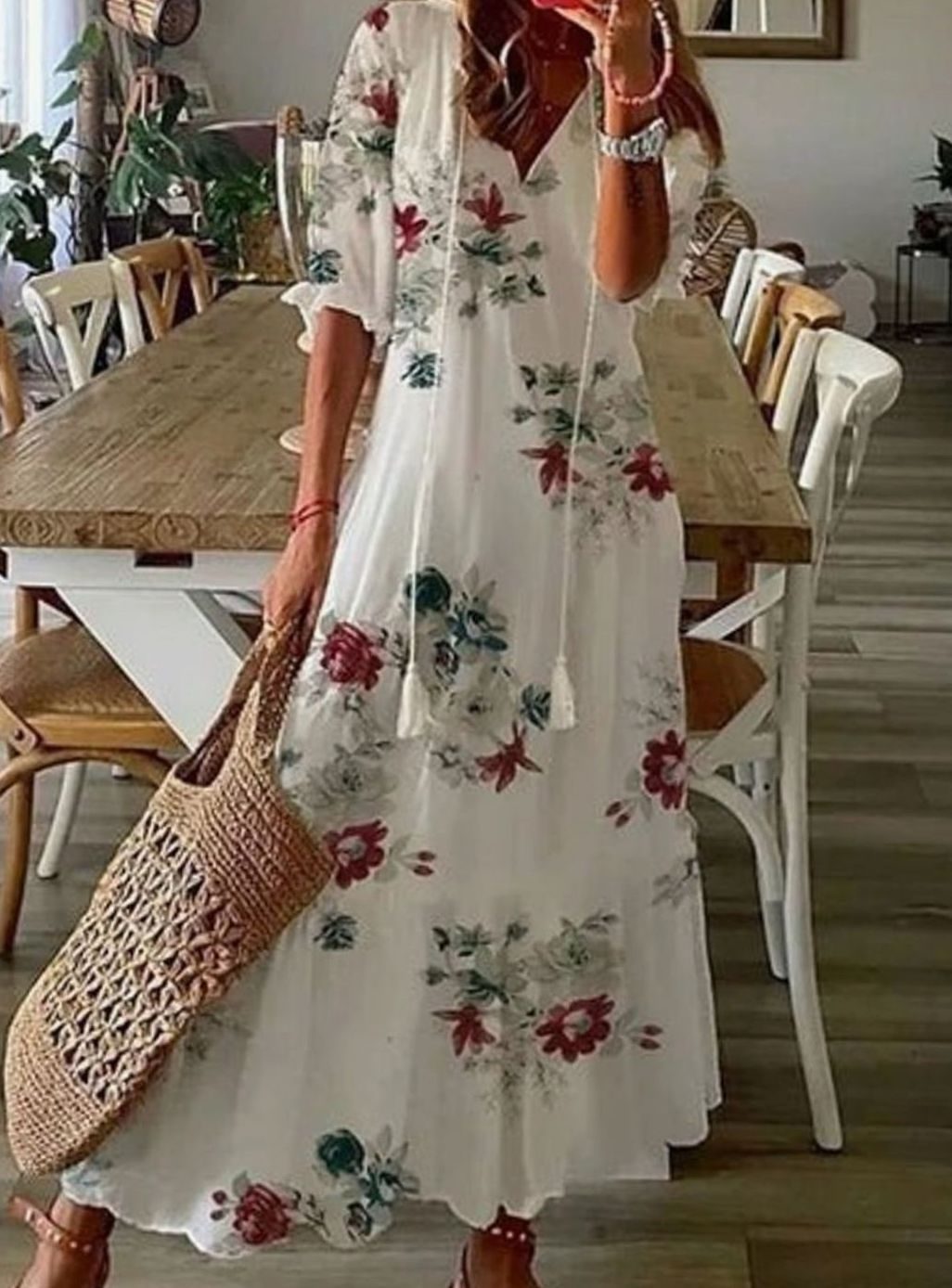 Women's Printed Boho V-Neck Tassel-Tie Relaxed Midi Dress