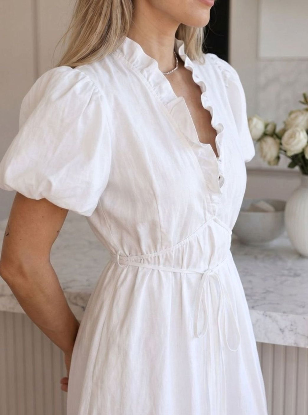 Women's Puff Sleeve Ruffled V-Neck Drawstring Midi Dress