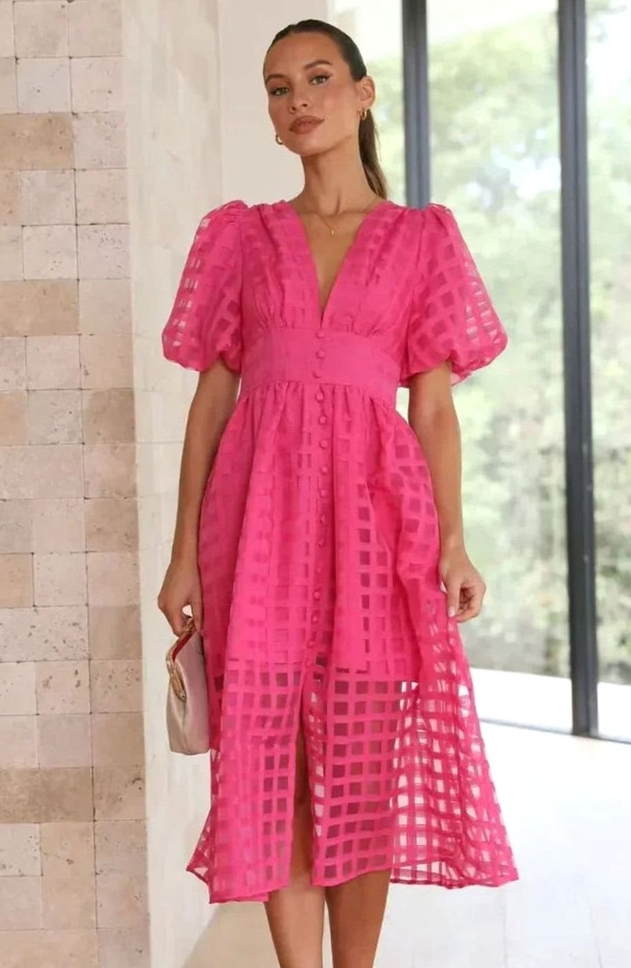 Women's Puff Sleeve V-Neck Openwork Grid Midi Dress, Hot Pink