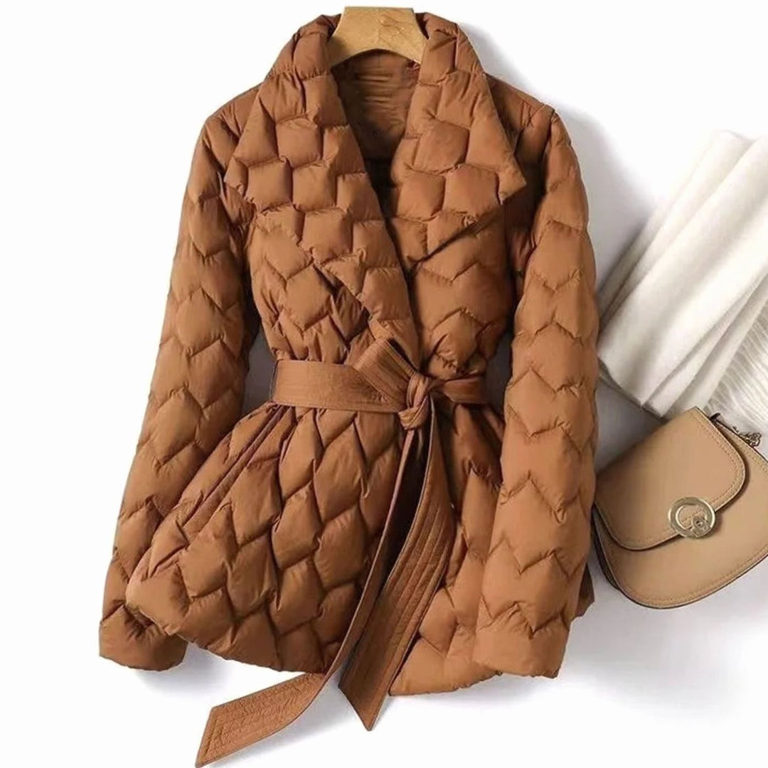 Women's Quilted Belted Puffer Winter Coat - Caramel