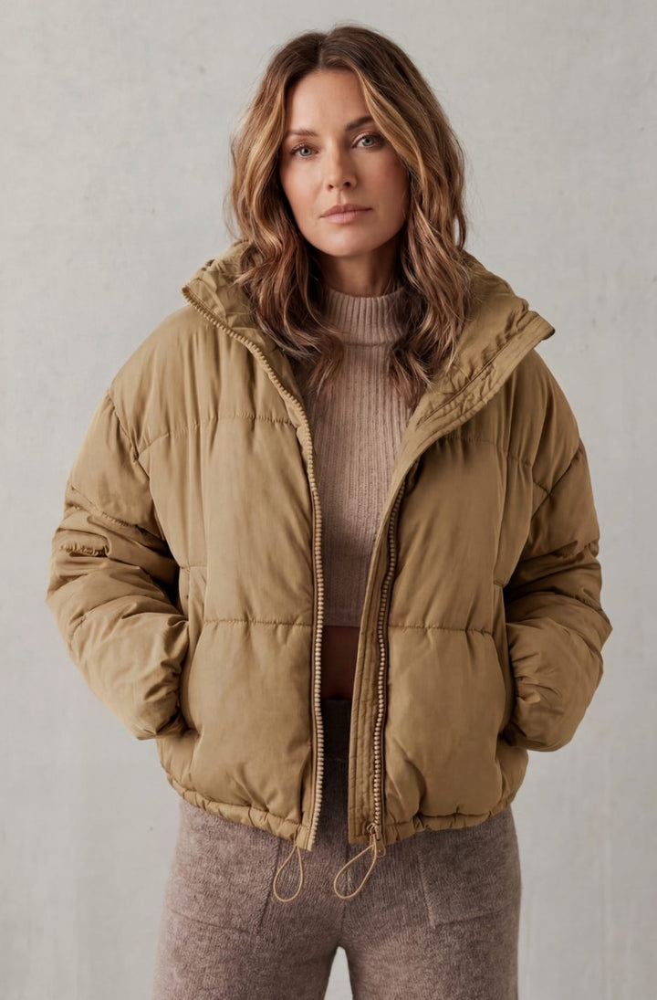 Women's Quilted Cropped Puffer Jacket Hooded Winter Coat