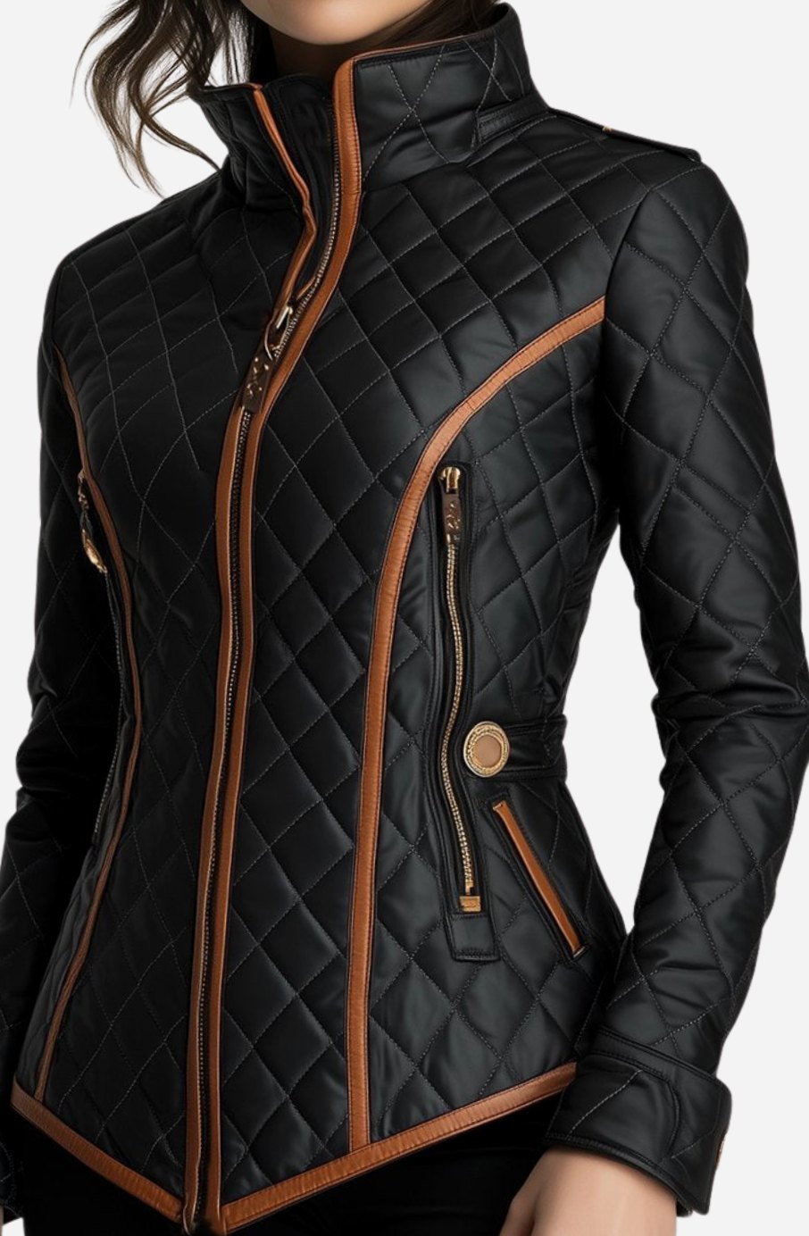Women's Quilted Diamond-Stitch Fitted Faux Leather Jacket