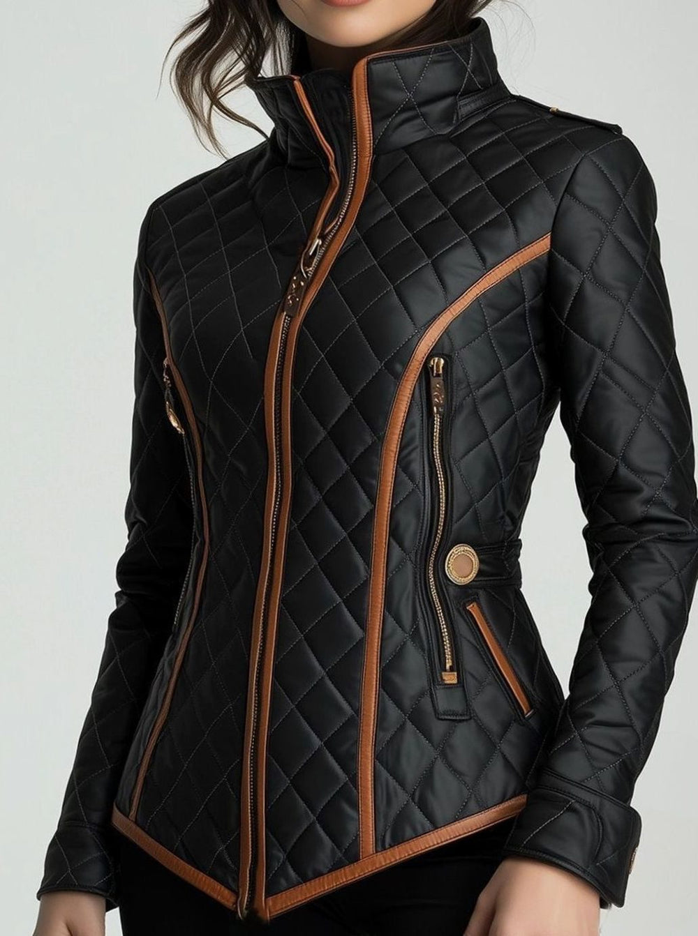 Women's Quilted Diamond-Stitch Fitted Faux Leather Jacket - Black