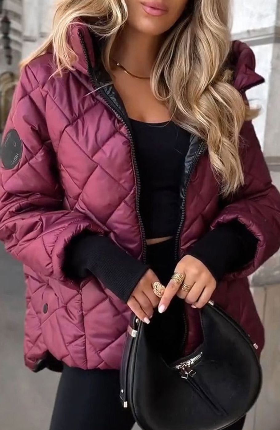 Women's Quilted Diamond-Stitch Zip-Up Puffer Jacket