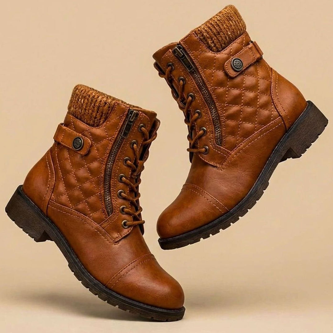 Women's Quilted Faux Leather Lace-Up Ankle Boots Block Heel - Mocha Brown