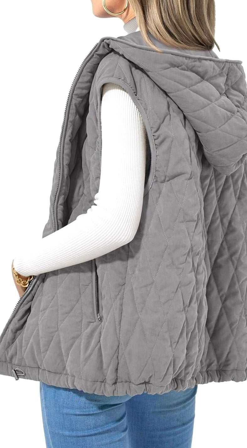 Women's Quilted Hooded Gilet Zip-Up Sleeveless Puffer Vest - Grey