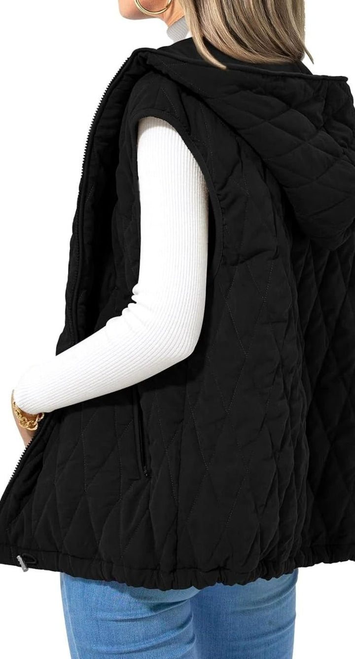 Women's Quilted Hooded Gilet Zip-Up Sleeveless Puffer Vest - Black