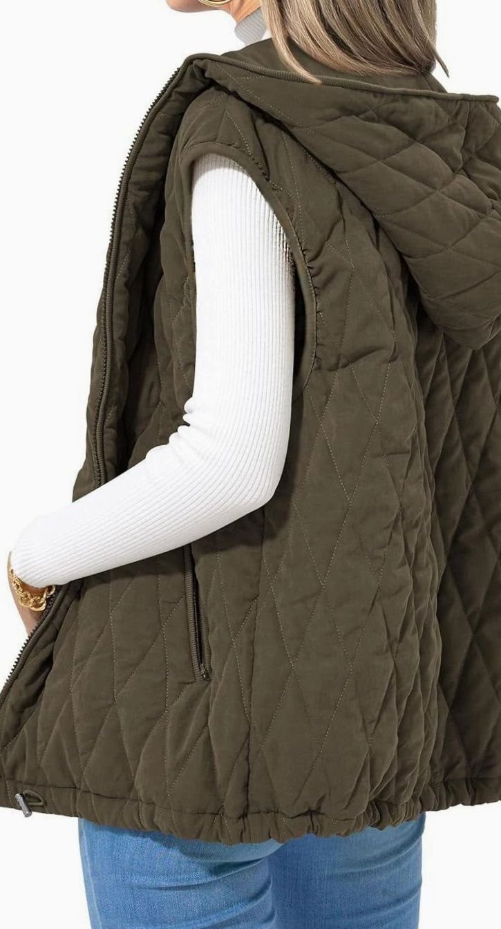 Women's Quilted Hooded Gilet Zip-Up Sleeveless Puffer Vest - Olive Green