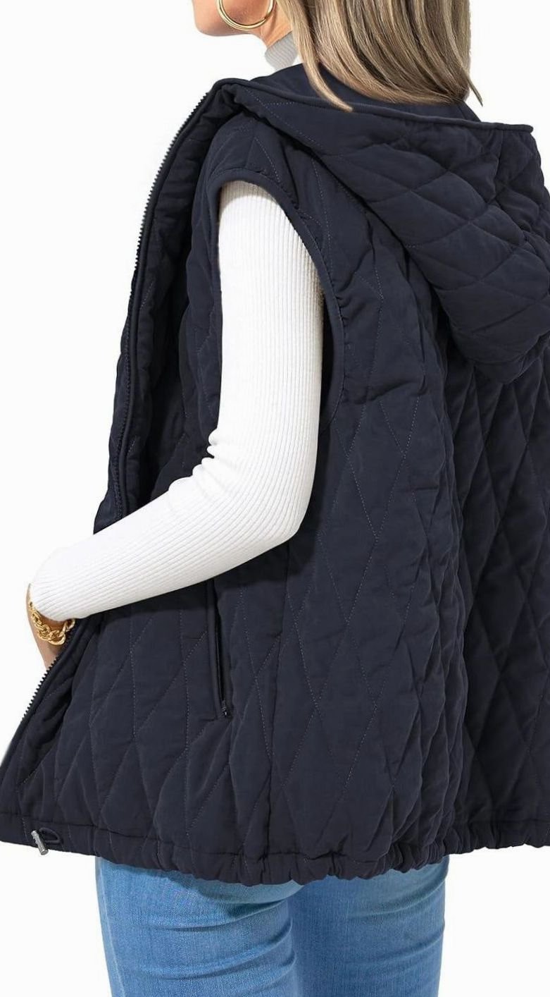Women's Quilted Hooded Gilet Zip-Up Sleeveless Puffer Vest - Navy Blue